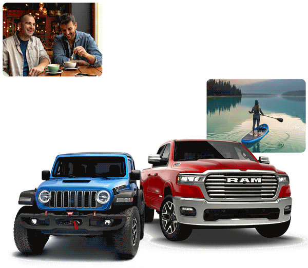 Jeep No Limits Event and Month of Ram logo. Blue Jeep Wrangler and a Red Ram 1500.